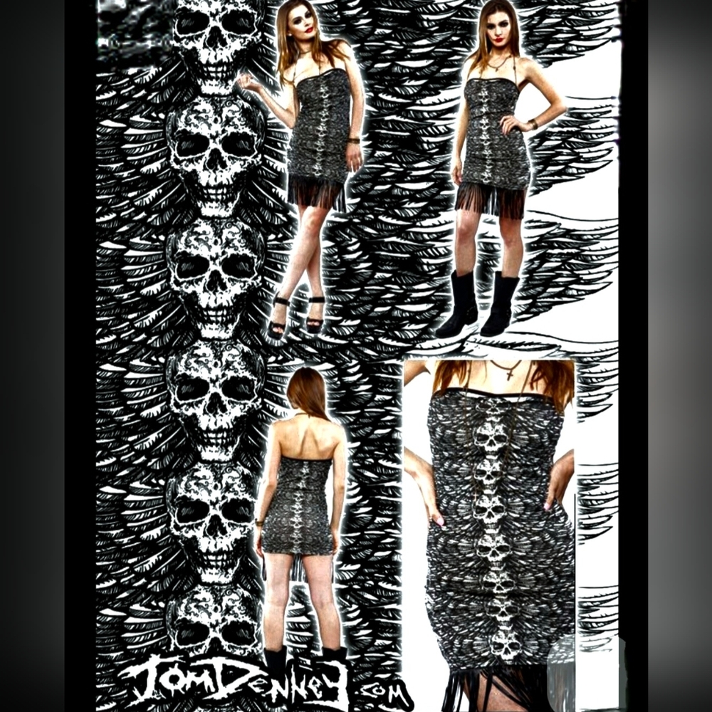 Vtg Lip Service white blk graphic skull wings tube top bodycon fringe dress XL - Picture 8 of 16